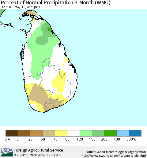 Sri Lanka Percent of Normal Precipitation 3-Month (WMO) Thematic Map For 2/16/2020 - 5/15/2020