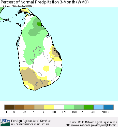 Sri Lanka Percent of Normal Precipitation 3-Month (WMO) Thematic Map For 2/21/2020 - 5/20/2020