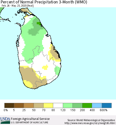 Sri Lanka Percent of Normal Precipitation 3-Month (WMO) Thematic Map For 2/26/2020 - 5/25/2020