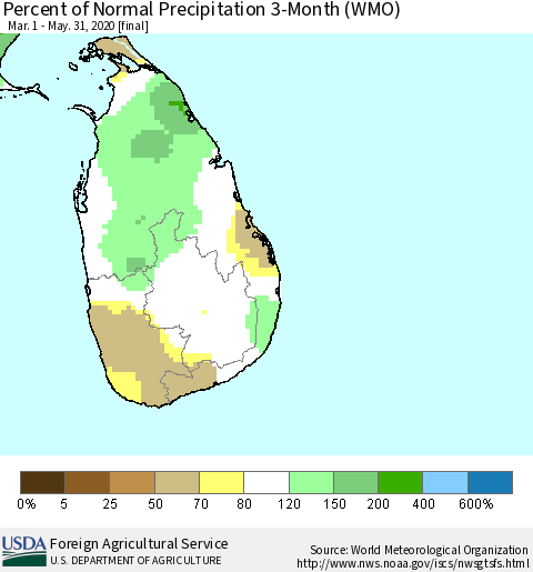 Sri Lanka Percent of Normal Precipitation 3-Month (WMO) Thematic Map For 3/1/2020 - 5/31/2020