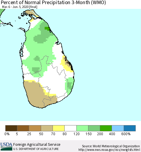 Sri Lanka Percent of Normal Precipitation 3-Month (WMO) Thematic Map For 3/6/2020 - 6/5/2020