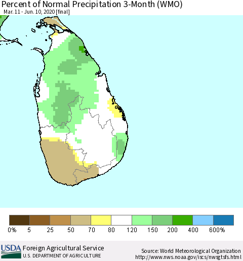 Sri Lanka Percent of Normal Precipitation 3-Month (WMO) Thematic Map For 3/11/2020 - 6/10/2020