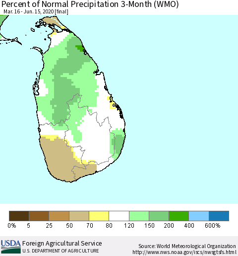 Sri Lanka Percent of Normal Precipitation 3-Month (WMO) Thematic Map For 3/16/2020 - 6/15/2020