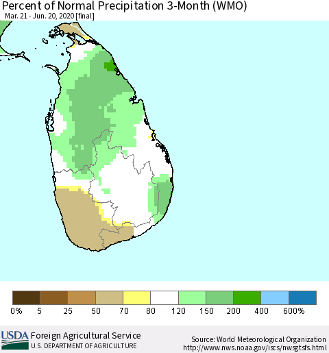 Sri Lanka Percent of Normal Precipitation 3-Month (WMO) Thematic Map For 3/21/2020 - 6/20/2020