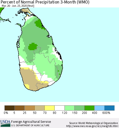 Sri Lanka Percent of Normal Precipitation 3-Month (WMO) Thematic Map For 3/26/2020 - 6/25/2020