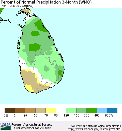Sri Lanka Percent of Normal Precipitation 3-Month (WMO) Thematic Map For 4/1/2020 - 6/30/2020