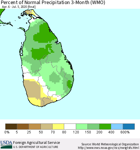 Sri Lanka Percent of Normal Precipitation 3-Month (WMO) Thematic Map For 4/6/2020 - 7/5/2020