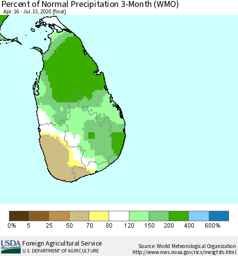Sri Lanka Percent of Normal Precipitation 3-Month (WMO) Thematic Map For 4/16/2020 - 7/15/2020