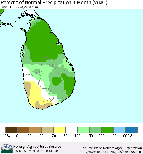 Sri Lanka Percent of Normal Precipitation 3-Month (WMO) Thematic Map For 4/21/2020 - 7/20/2020