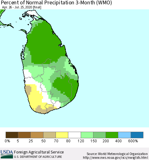 Sri Lanka Percent of Normal Precipitation 3-Month (WMO) Thematic Map For 4/26/2020 - 7/25/2020