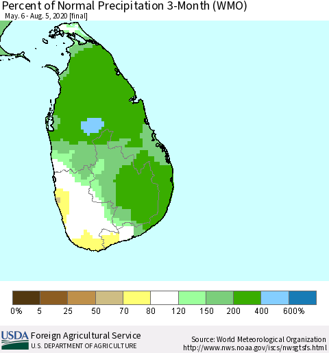 Sri Lanka Percent of Normal Precipitation 3-Month (WMO) Thematic Map For 5/6/2020 - 8/5/2020