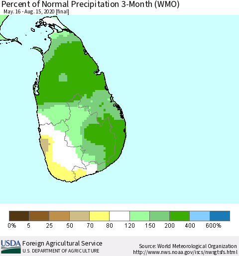Sri Lanka Percent of Normal Precipitation 3-Month (WMO) Thematic Map For 5/16/2020 - 8/15/2020