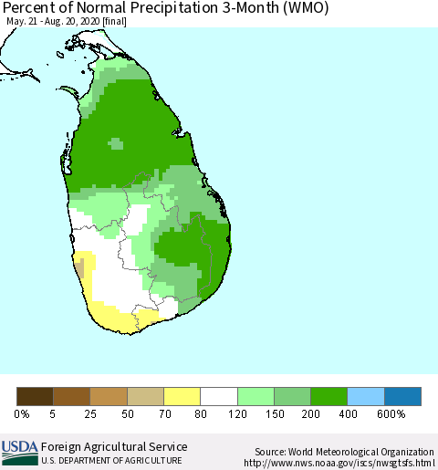 Sri Lanka Percent of Normal Precipitation 3-Month (WMO) Thematic Map For 5/21/2020 - 8/20/2020