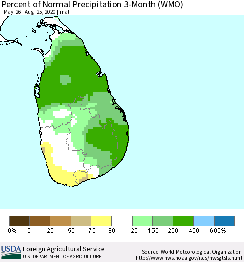Sri Lanka Percent of Normal Precipitation 3-Month (WMO) Thematic Map For 5/26/2020 - 8/25/2020