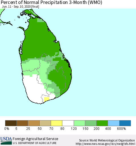 Sri Lanka Percent of Normal Precipitation 3-Month (WMO) Thematic Map For 6/11/2020 - 9/10/2020