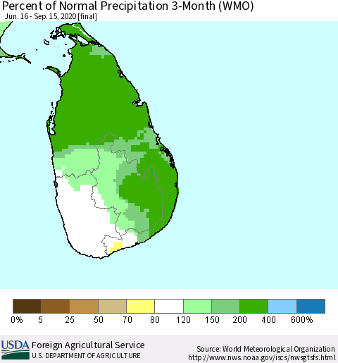 Sri Lanka Percent of Normal Precipitation 3-Month (WMO) Thematic Map For 6/16/2020 - 9/15/2020