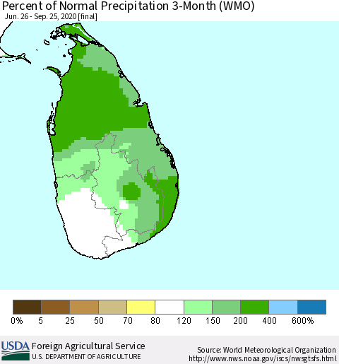 Sri Lanka Percent of Normal Precipitation 3-Month (WMO) Thematic Map For 6/26/2020 - 9/25/2020