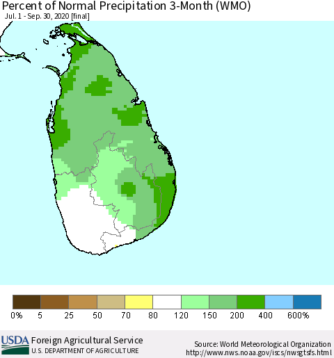 Sri Lanka Percent of Normal Precipitation 3-Month (WMO) Thematic Map For 7/1/2020 - 9/30/2020