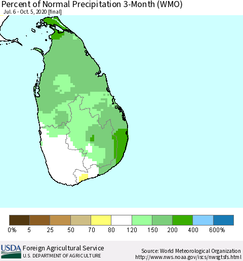 Sri Lanka Percent of Normal Precipitation 3-Month (WMO) Thematic Map For 7/6/2020 - 10/5/2020