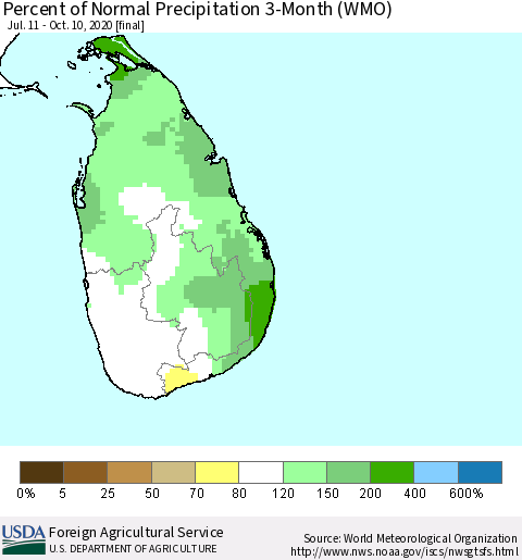 Sri Lanka Percent of Normal Precipitation 3-Month (WMO) Thematic Map For 7/11/2020 - 10/10/2020
