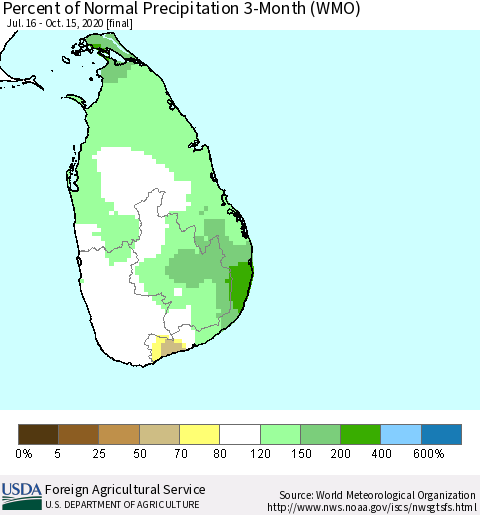 Sri Lanka Percent of Normal Precipitation 3-Month (WMO) Thematic Map For 7/16/2020 - 10/15/2020