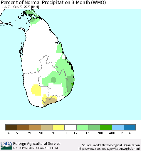 Sri Lanka Percent of Normal Precipitation 3-Month (WMO) Thematic Map For 7/21/2020 - 10/20/2020
