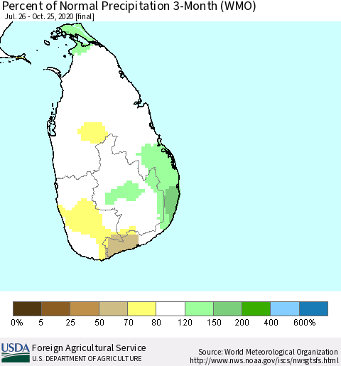 Sri Lanka Percent of Normal Precipitation 3-Month (WMO) Thematic Map For 7/26/2020 - 10/25/2020