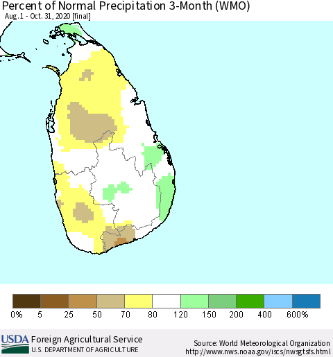 Sri Lanka Percent of Normal Precipitation 3-Month (WMO) Thematic Map For 8/1/2020 - 10/31/2020
