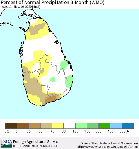 Sri Lanka Percent of Normal Precipitation 3-Month (WMO) Thematic Map For 8/11/2020 - 11/10/2020