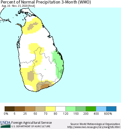 Sri Lanka Percent of Normal Precipitation 3-Month (WMO) Thematic Map For 8/16/2020 - 11/15/2020