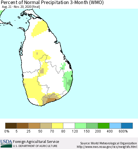 Sri Lanka Percent of Normal Precipitation 3-Month (WMO) Thematic Map For 8/21/2020 - 11/20/2020