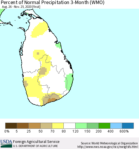 Sri Lanka Percent of Normal Precipitation 3-Month (WMO) Thematic Map For 8/26/2020 - 11/25/2020