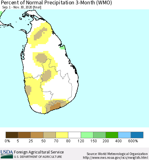 Sri Lanka Percent of Normal Precipitation 3-Month (WMO) Thematic Map For 9/1/2020 - 11/30/2020
