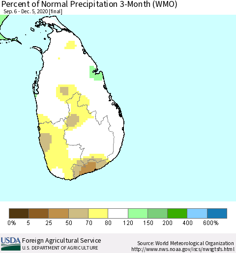 Sri Lanka Percent of Normal Precipitation 3-Month (WMO) Thematic Map For 9/6/2020 - 12/5/2020