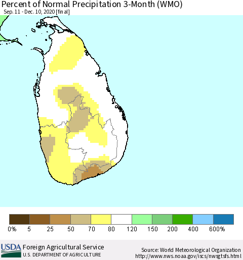 Sri Lanka Percent of Normal Precipitation 3-Month (WMO) Thematic Map For 9/11/2020 - 12/10/2020