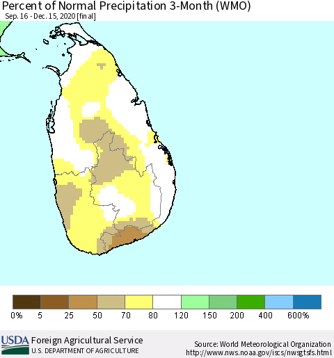 Sri Lanka Percent of Normal Precipitation 3-Month (WMO) Thematic Map For 9/16/2020 - 12/15/2020