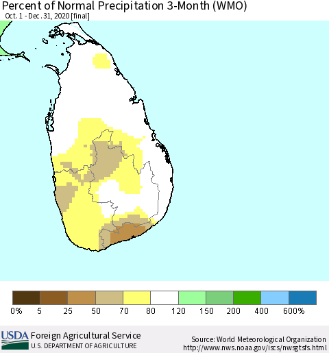 Sri Lanka Percent of Normal Precipitation 3-Month (WMO) Thematic Map For 10/1/2020 - 12/31/2020