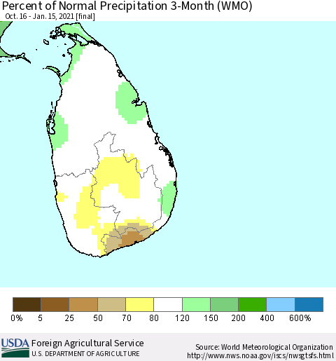 Sri Lanka Percent of Normal Precipitation 3-Month (WMO) Thematic Map For 10/16/2020 - 1/15/2021