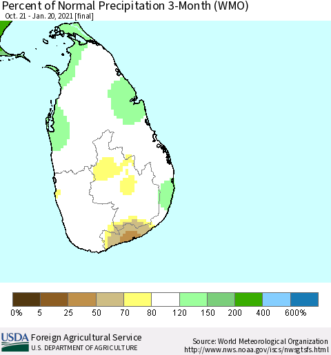 Sri Lanka Percent of Normal Precipitation 3-Month (WMO) Thematic Map For 10/21/2020 - 1/20/2021