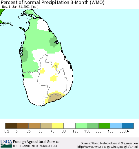 Sri Lanka Percent of Normal Precipitation 3-Month (WMO) Thematic Map For 11/1/2020 - 1/31/2021