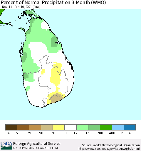 Sri Lanka Percent of Normal Precipitation 3-Month (WMO) Thematic Map For 11/11/2020 - 2/10/2021
