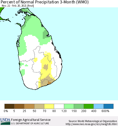 Sri Lanka Percent of Normal Precipitation 3-Month (WMO) Thematic Map For 11/21/2020 - 2/20/2021