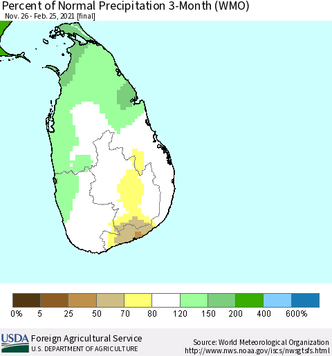 Sri Lanka Percent of Normal Precipitation 3-Month (WMO) Thematic Map For 11/26/2020 - 2/25/2021