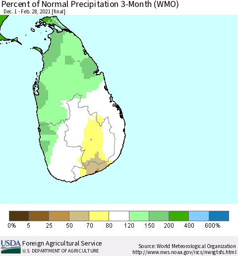 Sri Lanka Percent of Normal Precipitation 3-Month (WMO) Thematic Map For 12/1/2020 - 2/28/2021