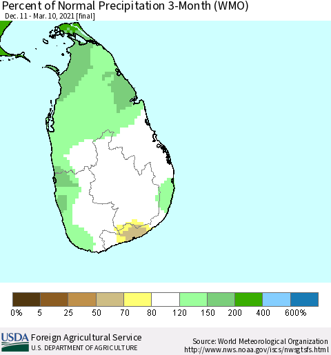 Sri Lanka Percent of Normal Precipitation 3-Month (WMO) Thematic Map For 12/11/2020 - 3/10/2021