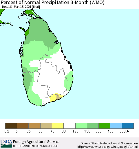 Sri Lanka Percent of Normal Precipitation 3-Month (WMO) Thematic Map For 12/16/2020 - 3/15/2021