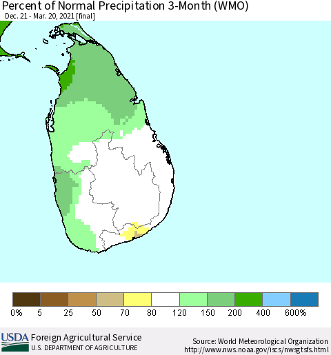 Sri Lanka Percent of Normal Precipitation 3-Month (WMO) Thematic Map For 12/21/2020 - 3/20/2021