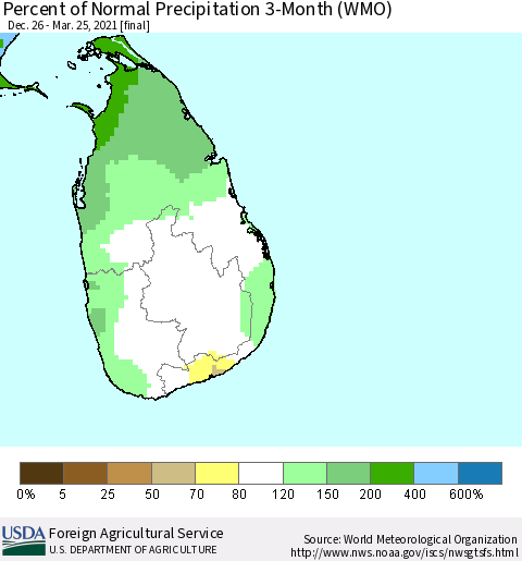 Sri Lanka Percent of Normal Precipitation 3-Month (WMO) Thematic Map For 12/26/2020 - 3/25/2021