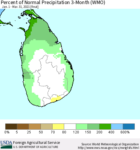 Sri Lanka Percent of Normal Precipitation 3-Month (WMO) Thematic Map For 1/1/2021 - 3/31/2021