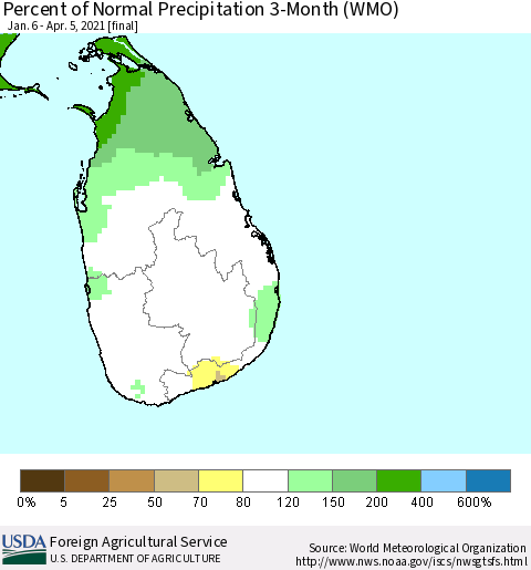 Sri Lanka Percent of Normal Precipitation 3-Month (WMO) Thematic Map For 1/6/2021 - 4/5/2021
